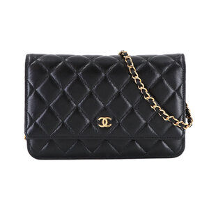 Chanel Matelassé Classic Chain Wallet, Long Lambskin, Black, AP0250, Gold Har...